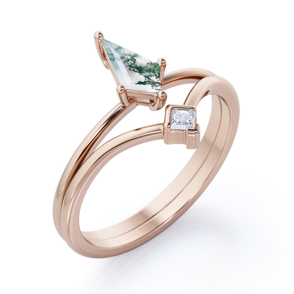 Classic 2 stone 1 carat Kite shaped Moss Green Agate and diamond contoured wedding ring set in White gold