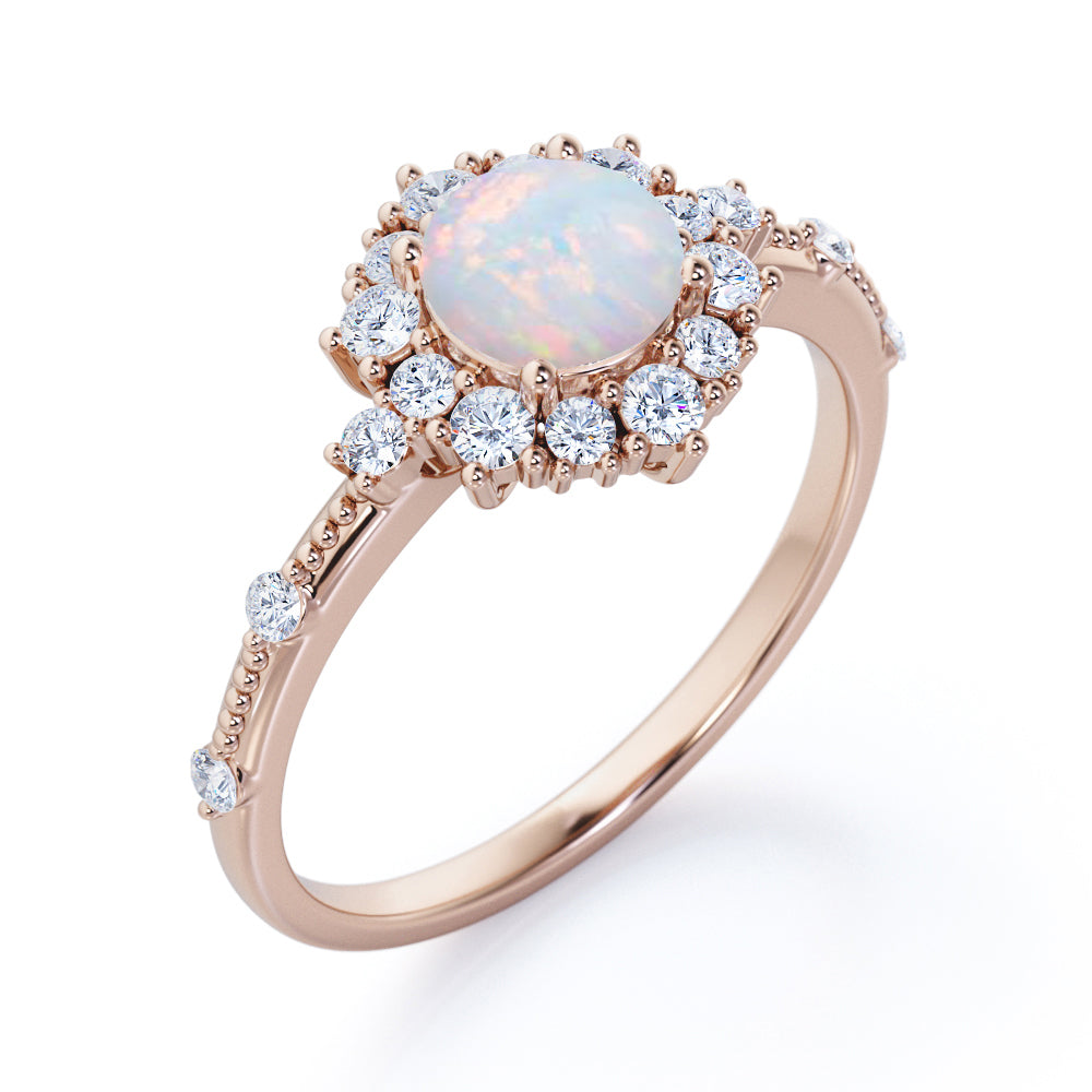 Floral art inspired 1.20 carat Round cut Ethiopian Opal and diamond-engraved-cluster halo engagement ring White gold