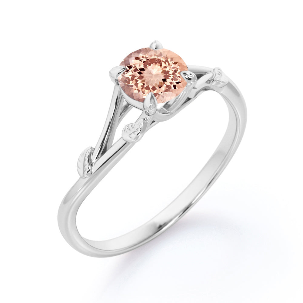 Vine and Leaf Shank 1 carat Round cut Morganite vintage earthy engagement ring in Rose gold