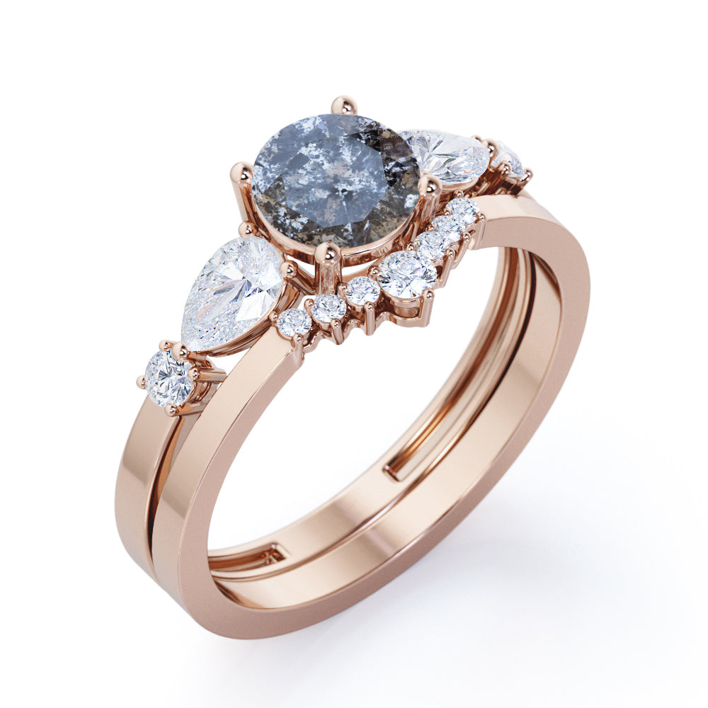 Tiara inspired 0.75 carat Round cut Salt and pepper diamond and White diamond chevron bridal set in Black gold