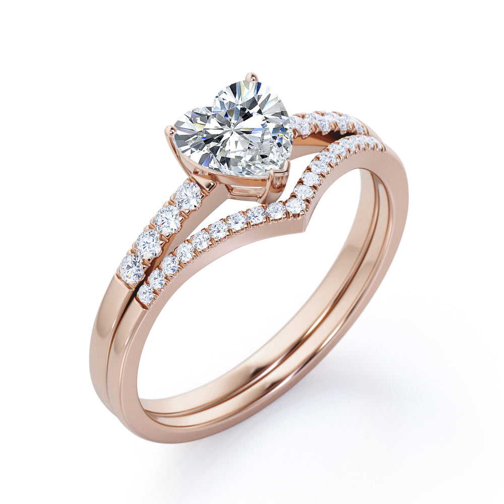 Romantic Chevron 1.3 carat Heart shaped Moissanite and diamond wedding ring set for women in Rose gold