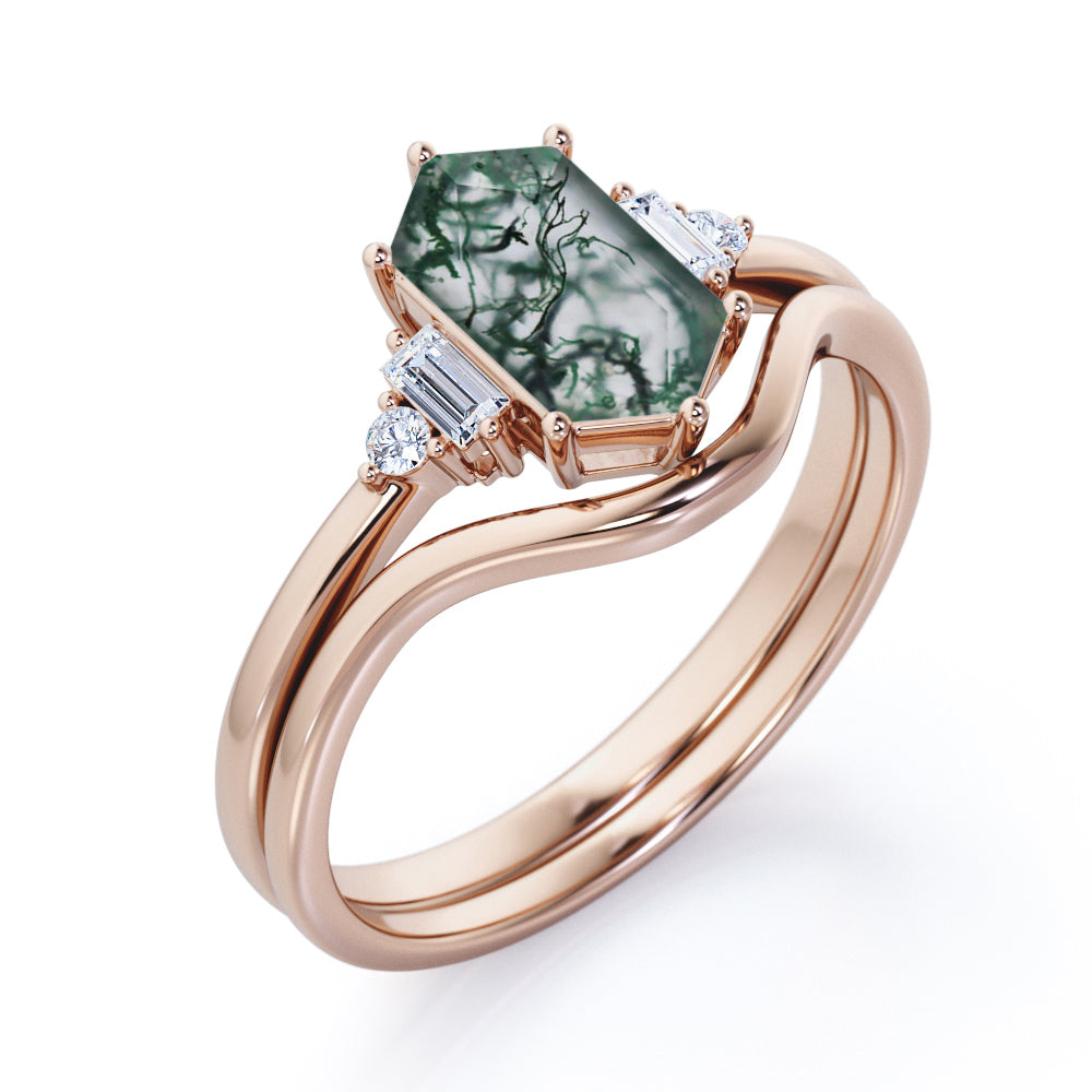 Plain Chevron Band 1.1 carat Hexagon shaped Moss Green Agate and diamond 5 stone Bridal ring set in White gold