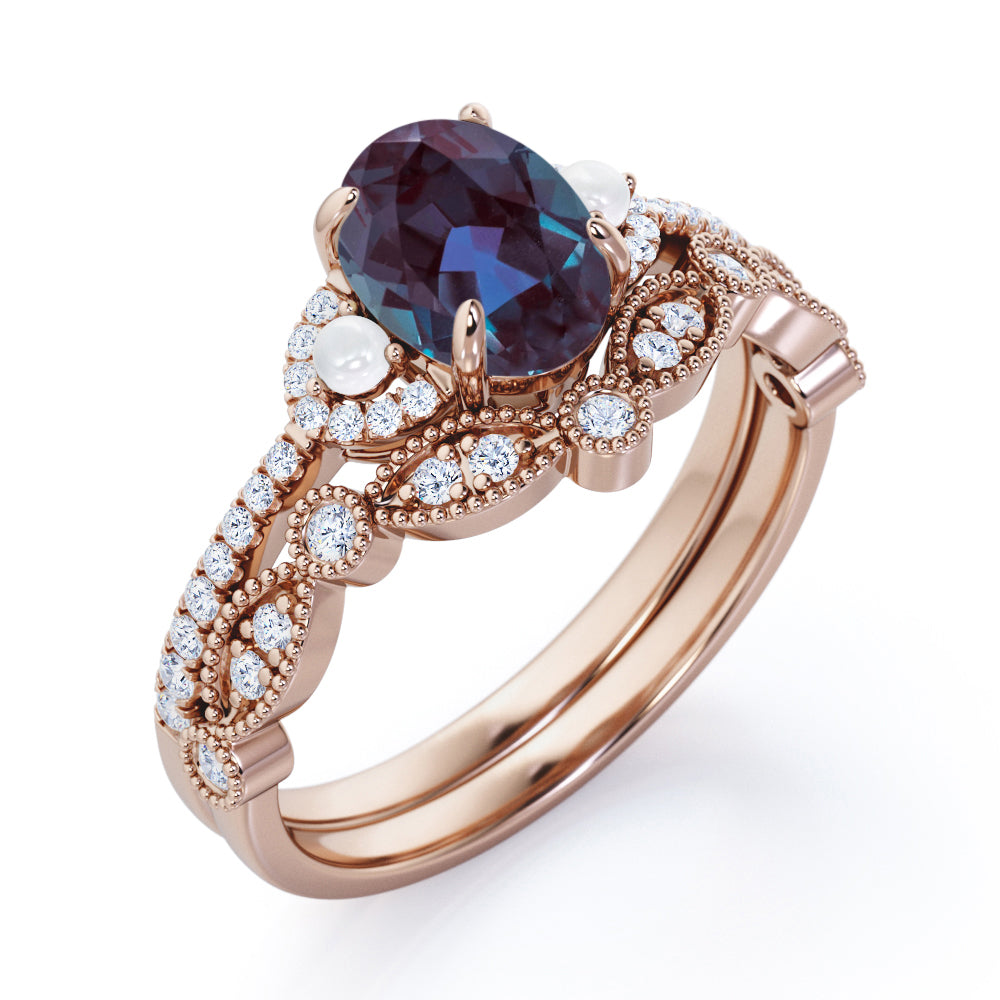 Vintage Milgrain 1.75 carat Oval cut Lab created Alexandrite, diamond and freshwater pearl wedding ring set in Rose gold