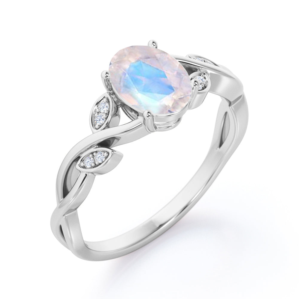 Twisted Vine 1.15 carat Oval cut Rainbow Moonstone and diamond forest inspired engagement ring in Rose gold
