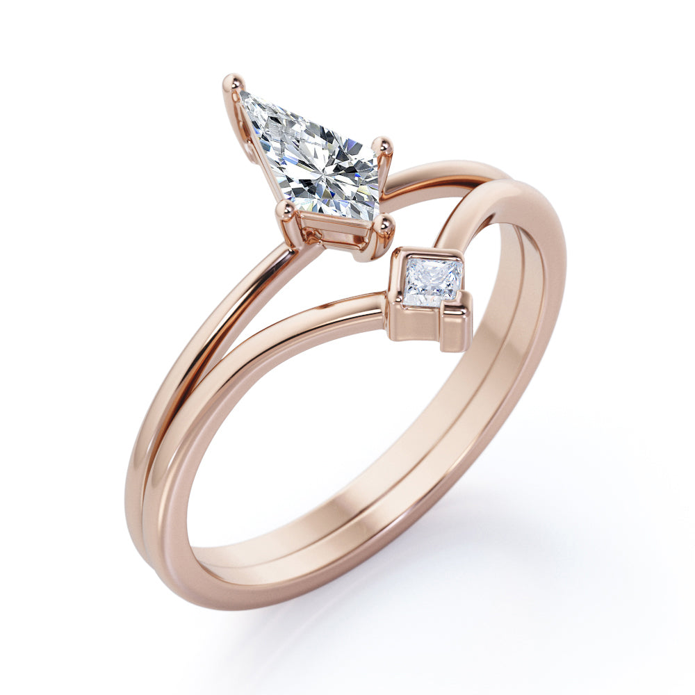 2 stone Chevron 0.55 carat Kite shaped Moissanite and diamond minimalist wedding ring set in Rose gold