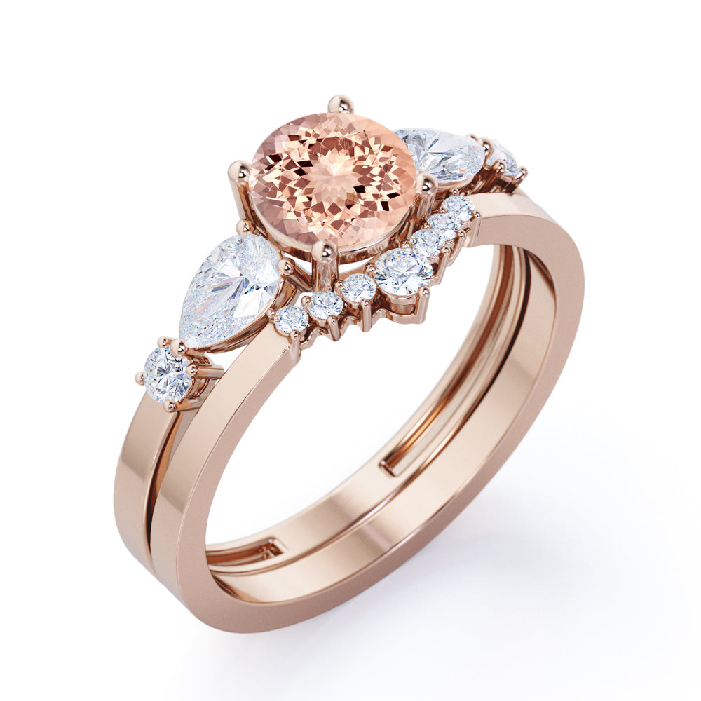 Modern Crown 1.35 carat Round cut Peach pink Morganite and diamond wedding ring set for her in Black gold