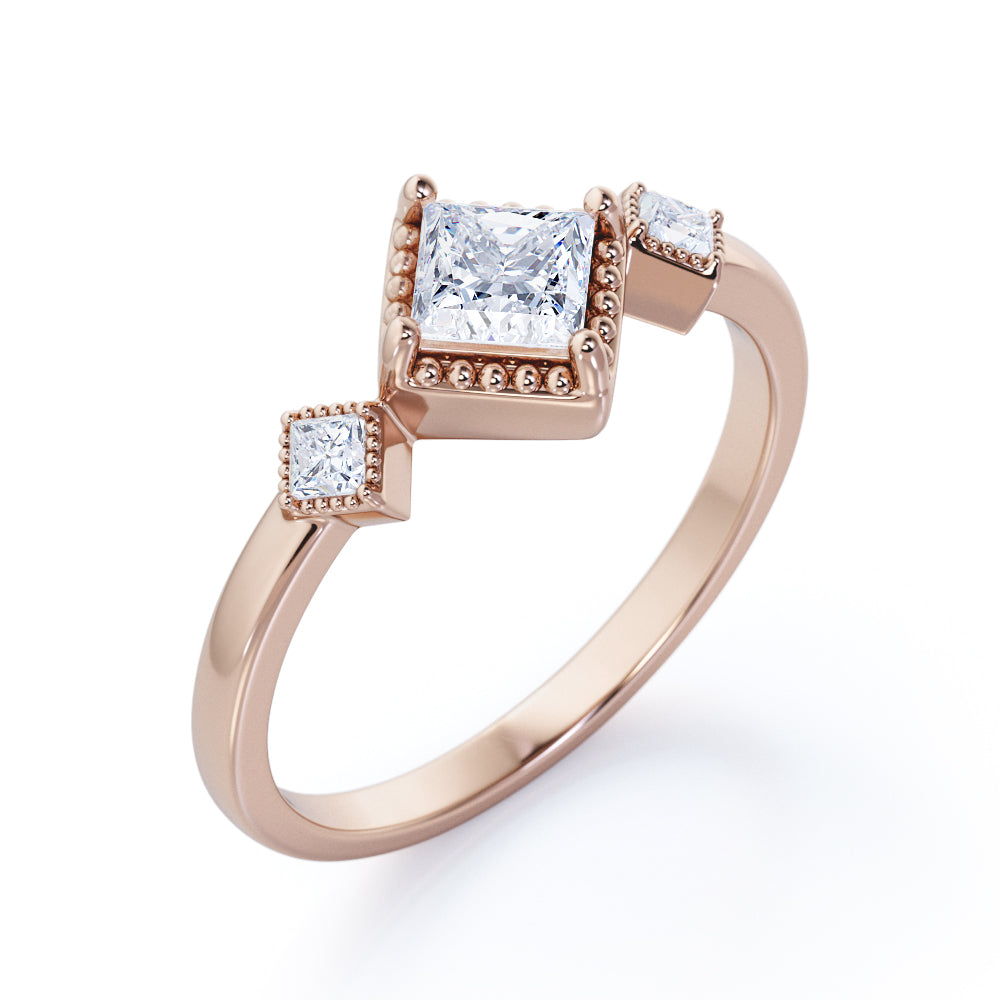 Three stone Bezel set 1.1 carat Princess cut Moissanite and diamond Milgrain wedding ring set for her in White gold