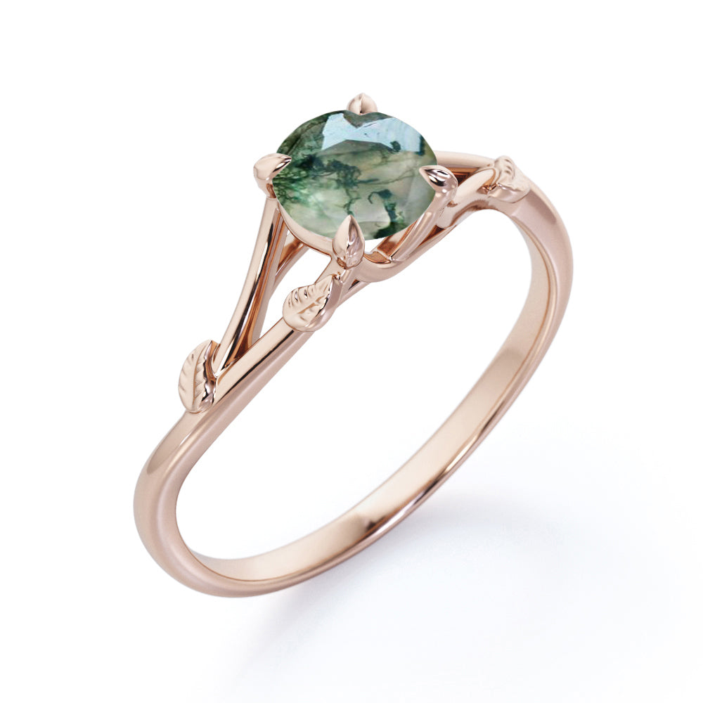 Branchlet Shank 1 carat Round cut Moss Green Agate vine and leaf engagement ring in White gold