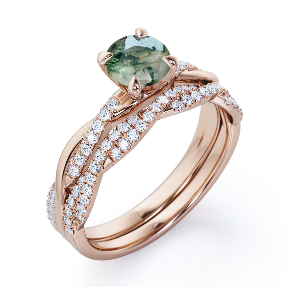 Minimal 4 Prong 1.5 carat Round cut Moss Green Agate and diamond Infinity Bridal set for her