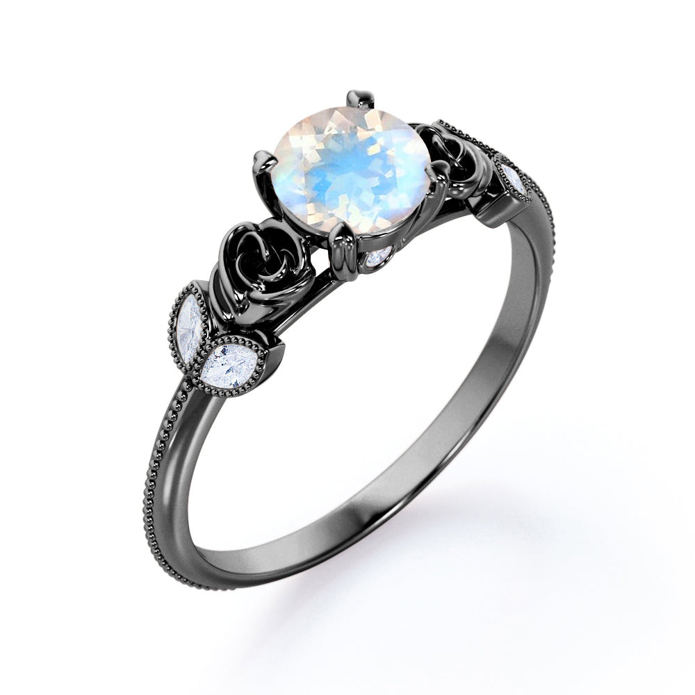Vintage Rose 1.1 carat Round cut Blue Moonstone and marquise diamond engagement ring in White gold