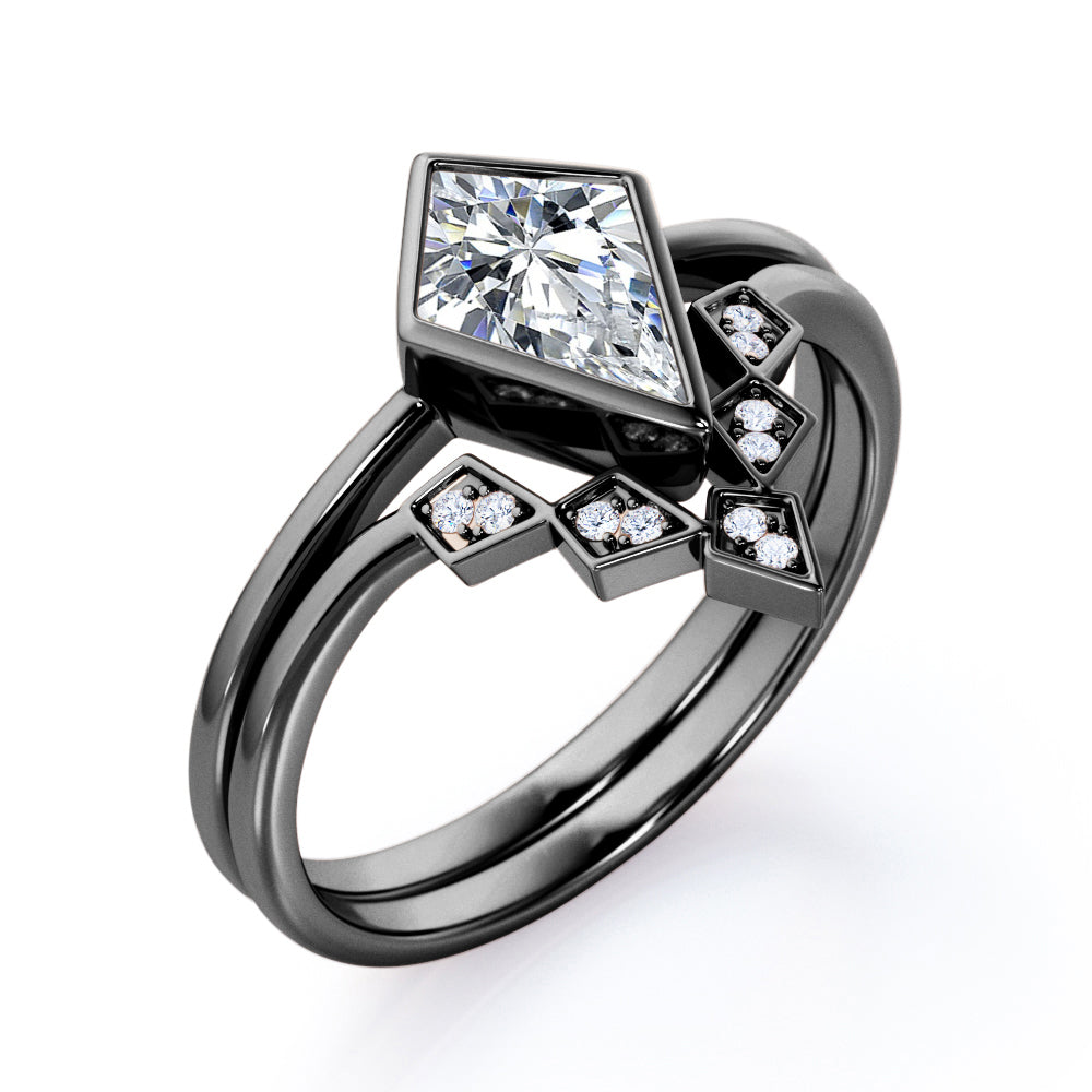 Kite Chevron 1.15 carat Moissanite and diamonds bezel wedding ring set for her in White gold