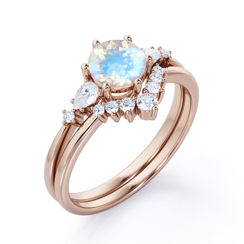 Antique Chevron 1.4 carat Round cut Blue Moonstone and diamond tapered style Bridal set for women in Black gold