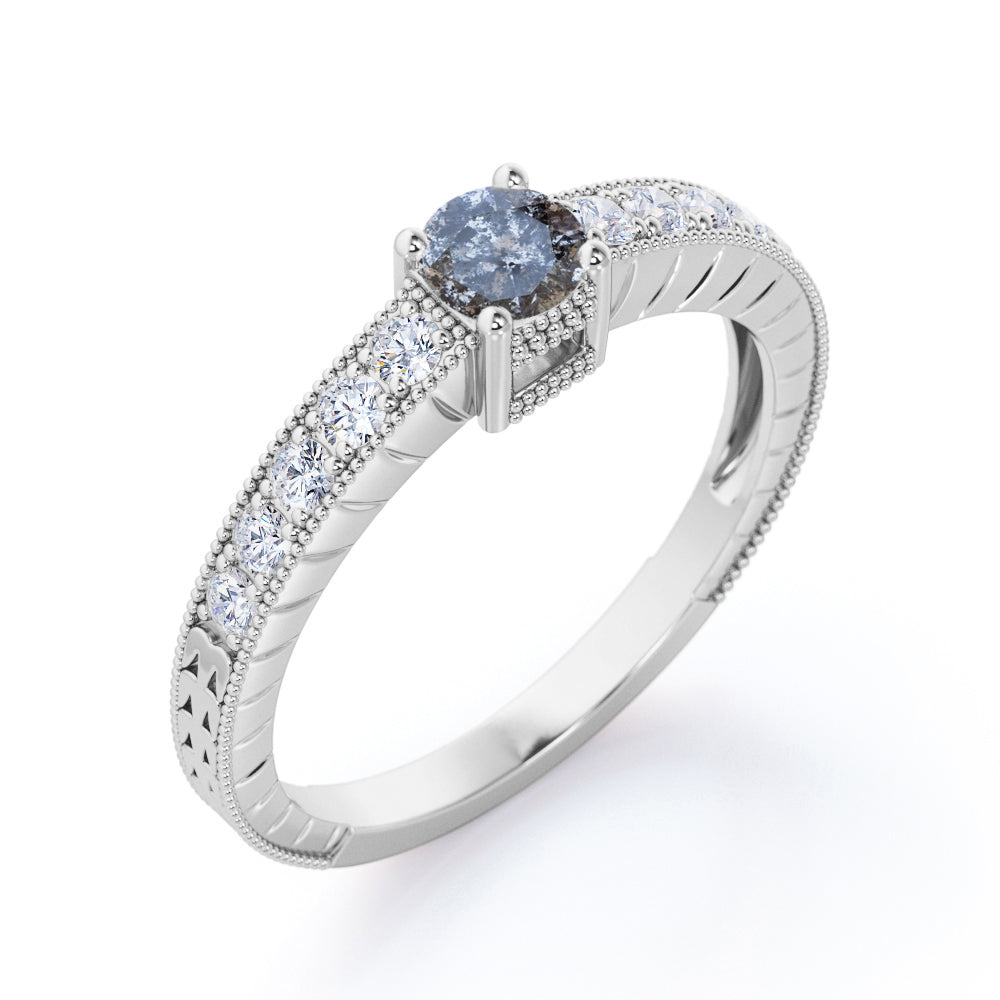 Art nouveau inspired 0.7 carat Round cut salt and pepper diamond and White diamond milgrain engagement ring in rose gold