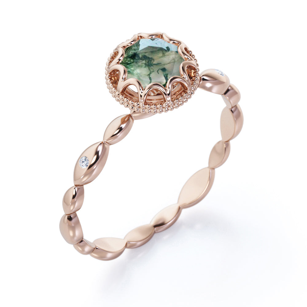 Exquisite infinity rope design 1 carat Round cut Moss Green Agate Scalloped halo engagement ring in White gold