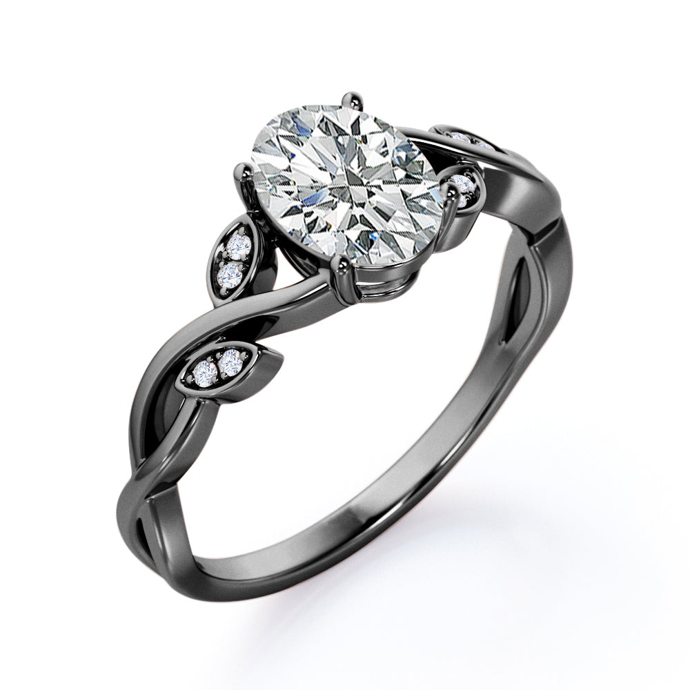 Twisted Vine 1.1 carat Oval cut Moissanite and diamond marquise bezel engagement ring in White gold