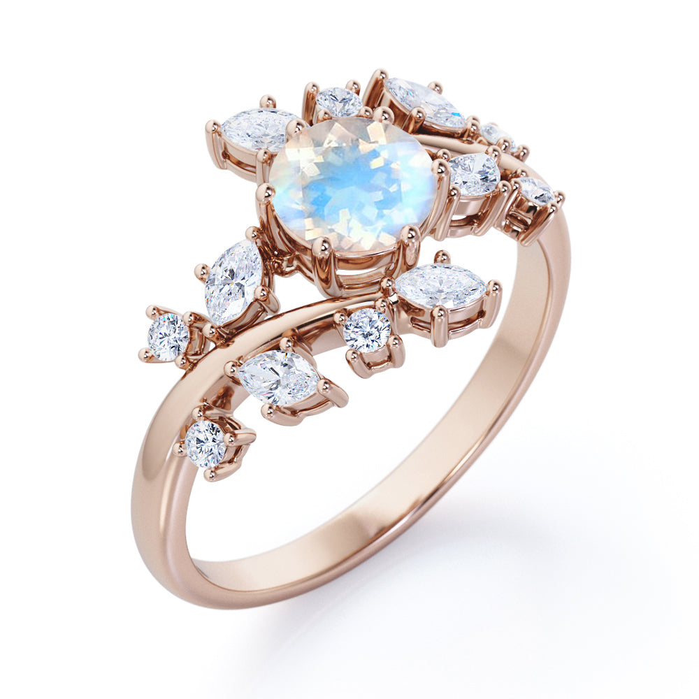 Floral Branch and leaf 1.25 carat Round cut Blue Moonstone and diamond tension set engagement ring in Black gold