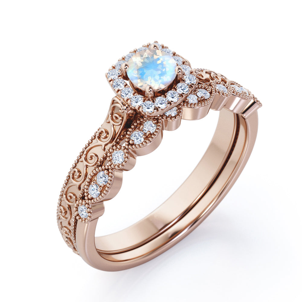 Antique Filigree and Milgrain 1.5 carat Round cut Moonstone and diamond square halo engagement ring in yellow gold