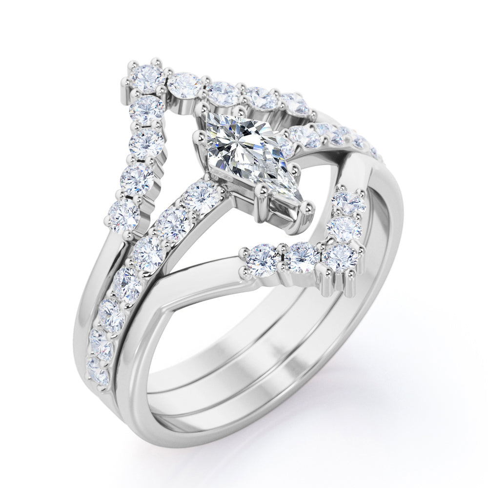 Art deco chevron 0.85 carat Kite shaped Moissanite and diamond pave set trio wedding ring set in Yellow gold