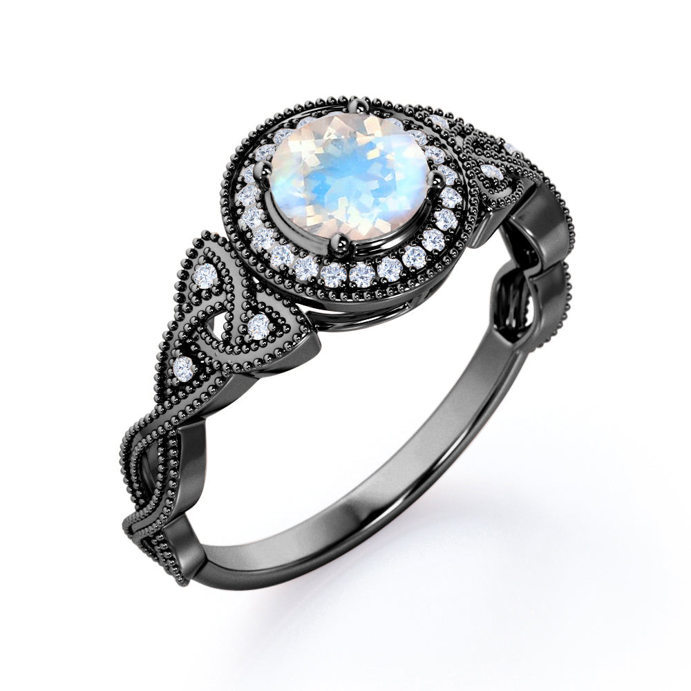 Infinity Halo 1.5 carat Round cut Moonstone and diamond engraved engagement ring in White gold