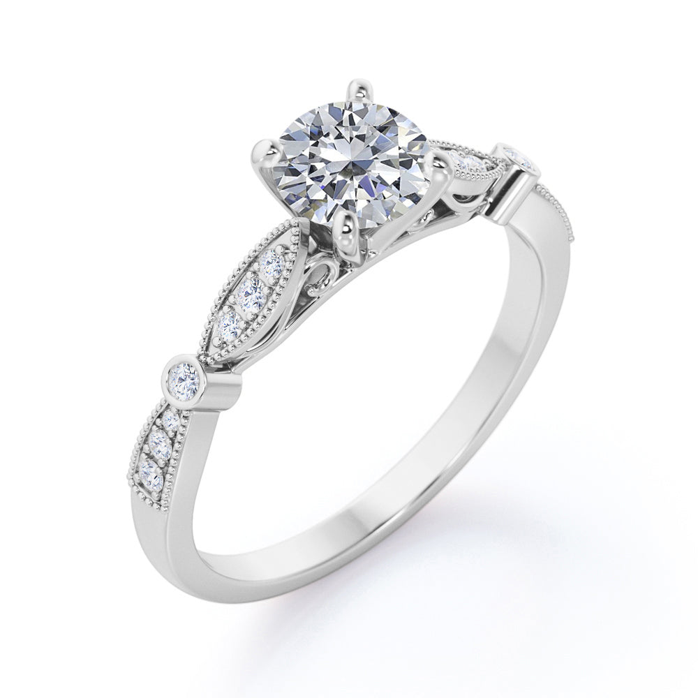 Vintage cathedral 1.25 carat Round cut Moissanite and diamond 4 prong engagement ring in Rose gold