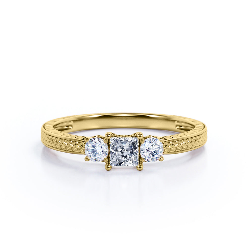 Past, Present and Future 1.1 carat Princess cut Moissanite and diamond Basket set - Filigree wedding ring set for women in gold