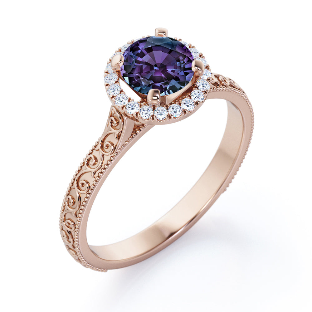 Artistic art deco 1.25 carat Round cut Alexandrite and diamond filigree and milgrain engagement ring in Black gold