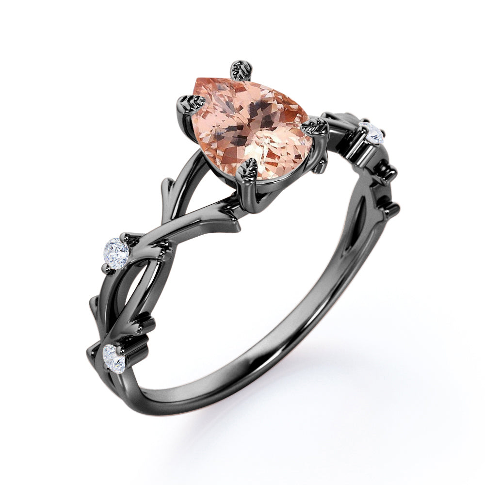 Delicate Twig and Vine 1.1 carat Pear Shaped Morganite and diamond forest ring-earthy engagement ring in White gold