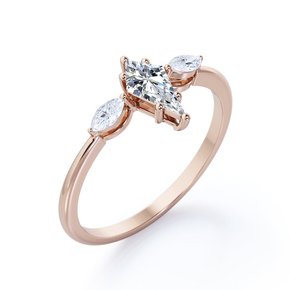 Unique 3 stone 1.1 carat Kite shaped Moissanite and marquise diamonds engagement ring in White gold