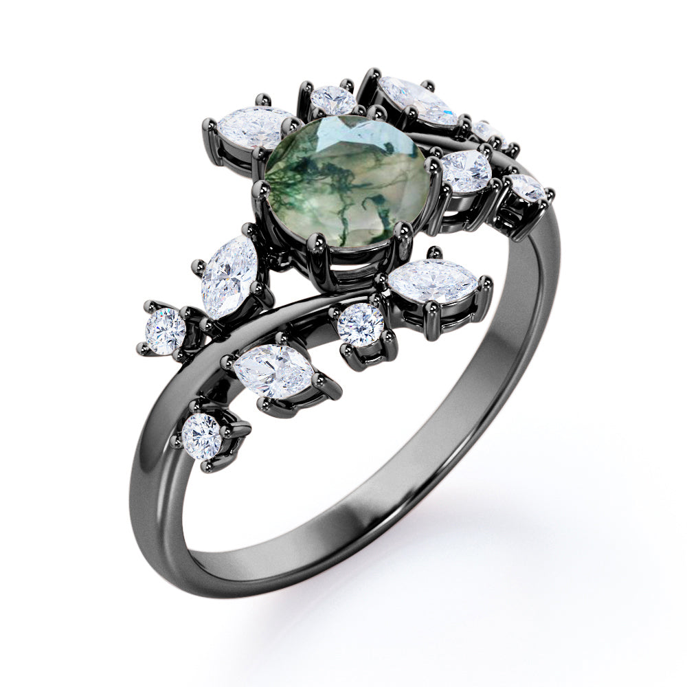 Floral Branch style 0.75 carat Round cut Moss Green Agate and diamond open style engagement ring in White gold