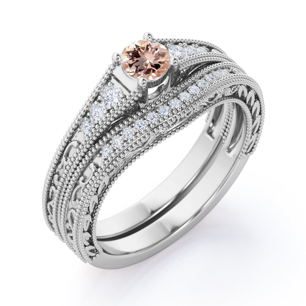 Contoured Milgrain 0.75 carat Round cut Peach Morganite and diamond floral filigree Bridal set for women in Yellow gold
