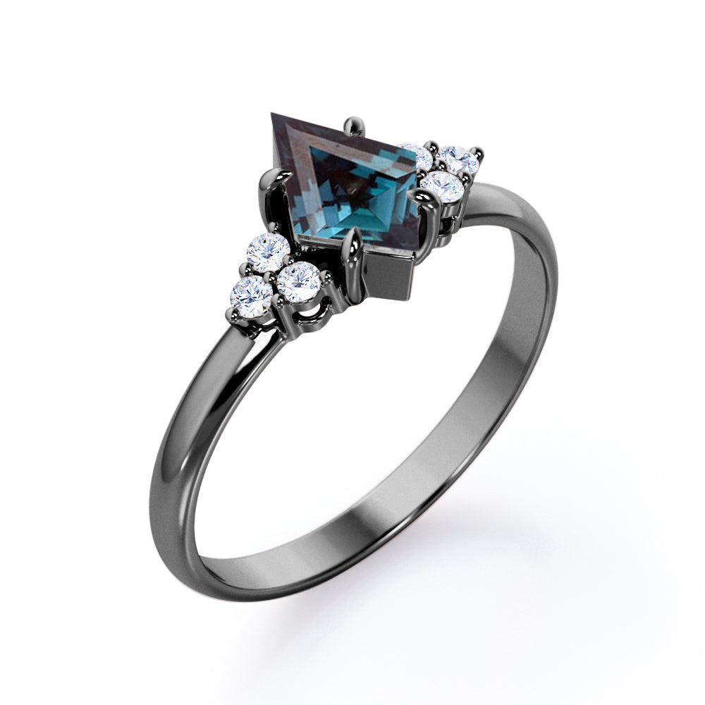 Eccentric Claw prong 1.1 carat Kite shaped Synthetic Alexandrite and diamond multistone engagement ring in Rose gold