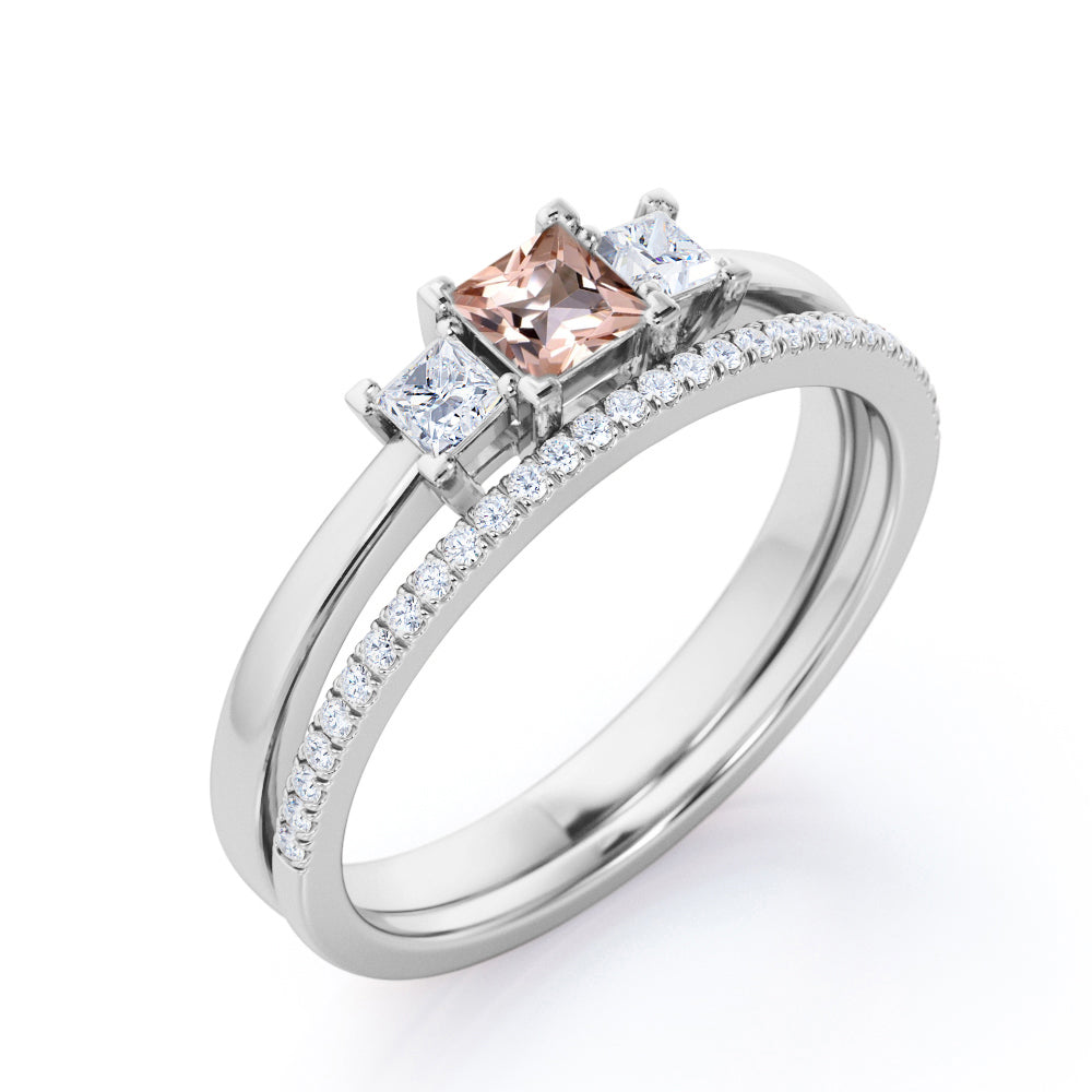 Triple stone 0.85 carat Princess cut Pink Morganite and diamond eternity wedding ring set for women in Yellow gold