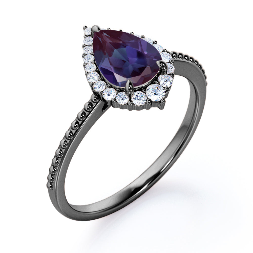 Crown Milgrain 1.25 carat Pear shaped Synthetic Alexandrite and diamond halo style engagement ring in Rose gold