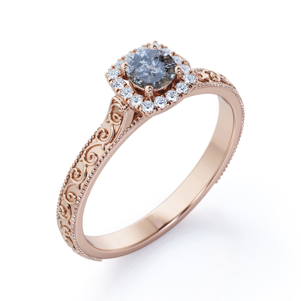 Victorian halo 0.65 carat Round cut Salt and pepper diamond and White diamond anniversary ring for her in yellow gold