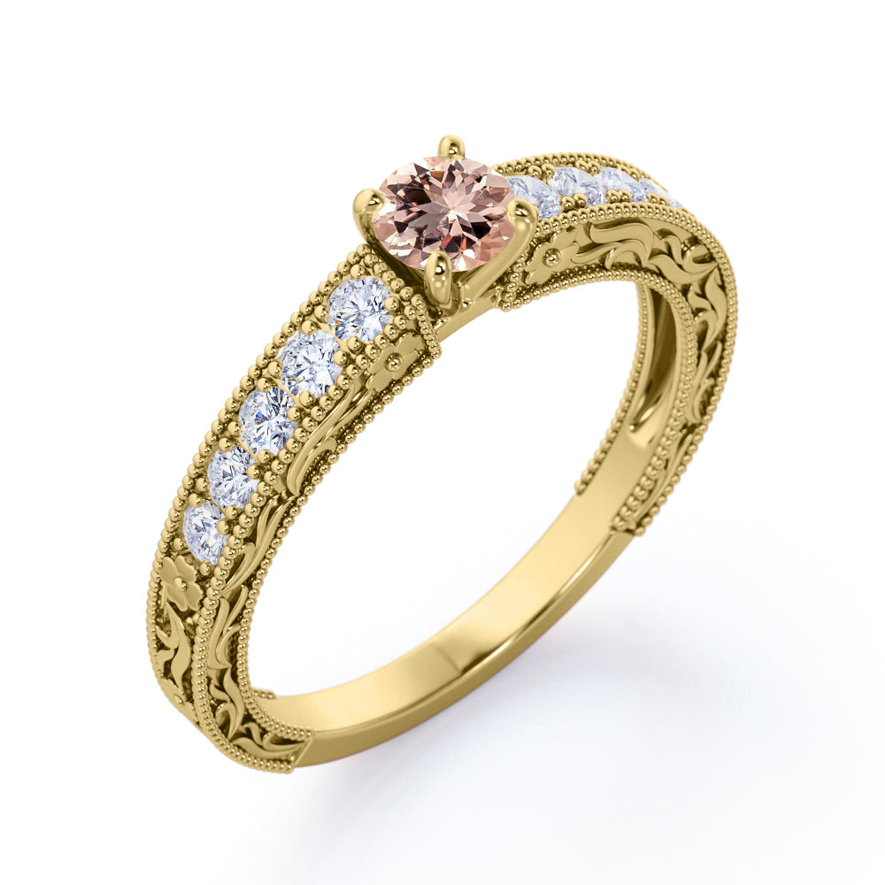 Art Nouveau style 0.75 carat Round cut Peach Morganite and diamond shared prong engagement ring in White gold