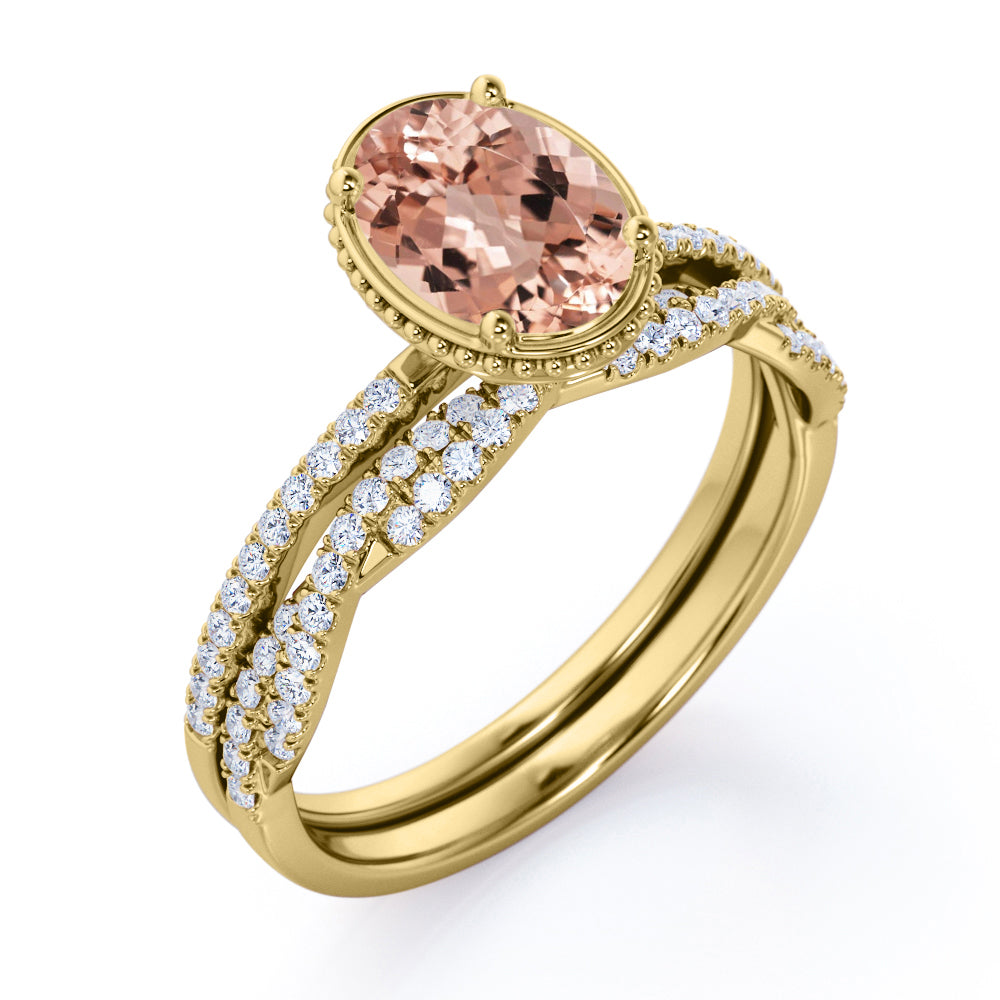 Bead-Décor 1.50 carat Oval shape Morganite and diamond infinity wedding ring set for her in White gold