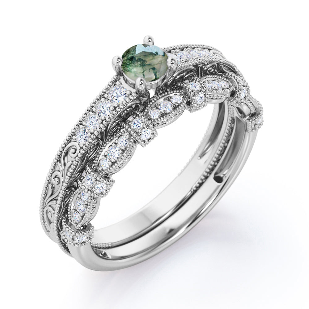 Exquisite Art Deco 0.9 carat Round cut Moss Green Agate and diamond Edwardian filigree Bridal set in Rose gold