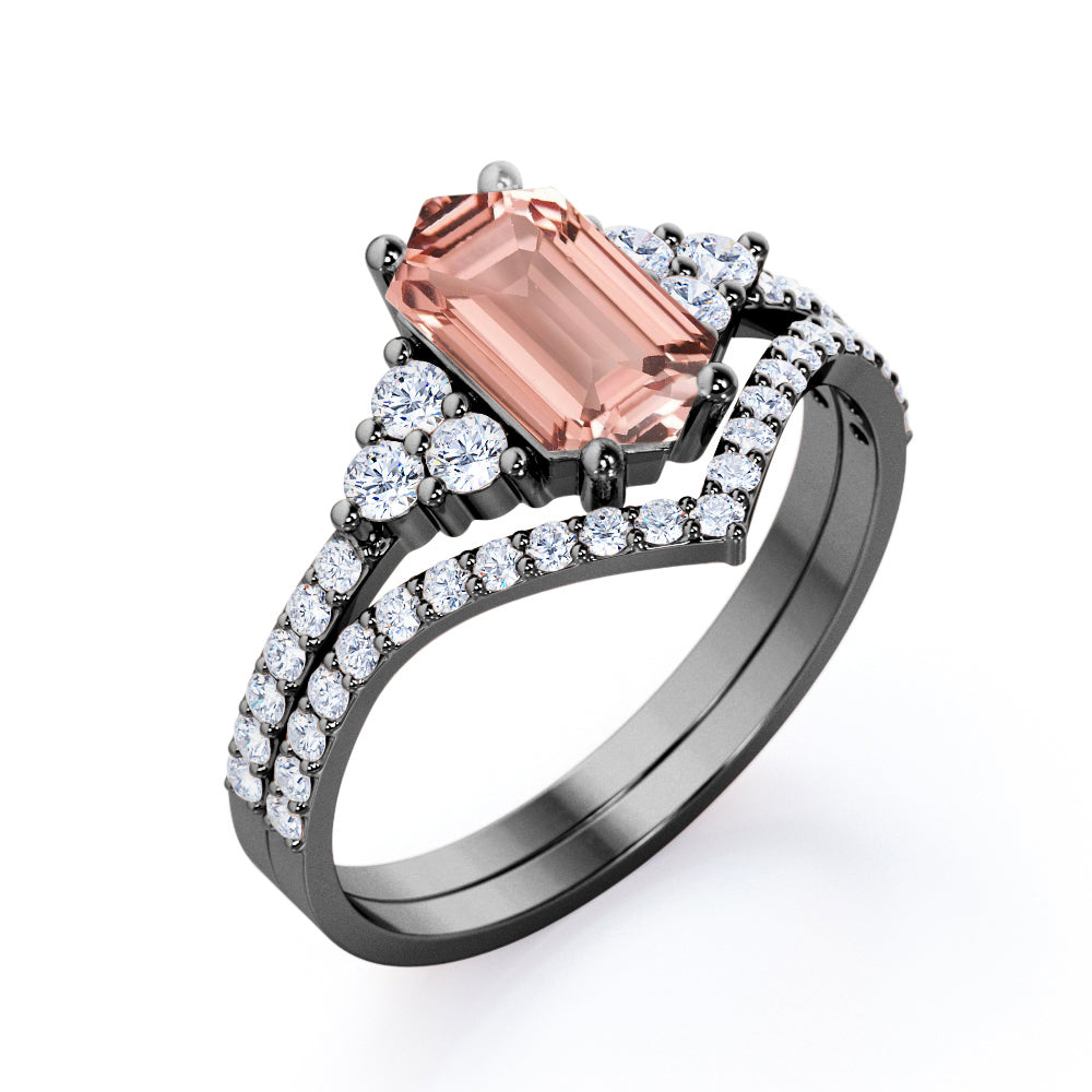 Eccentric Chevron 1.7 carat Hexagon shaped Peach Morganite and diamond wedding ring set in Rose gold