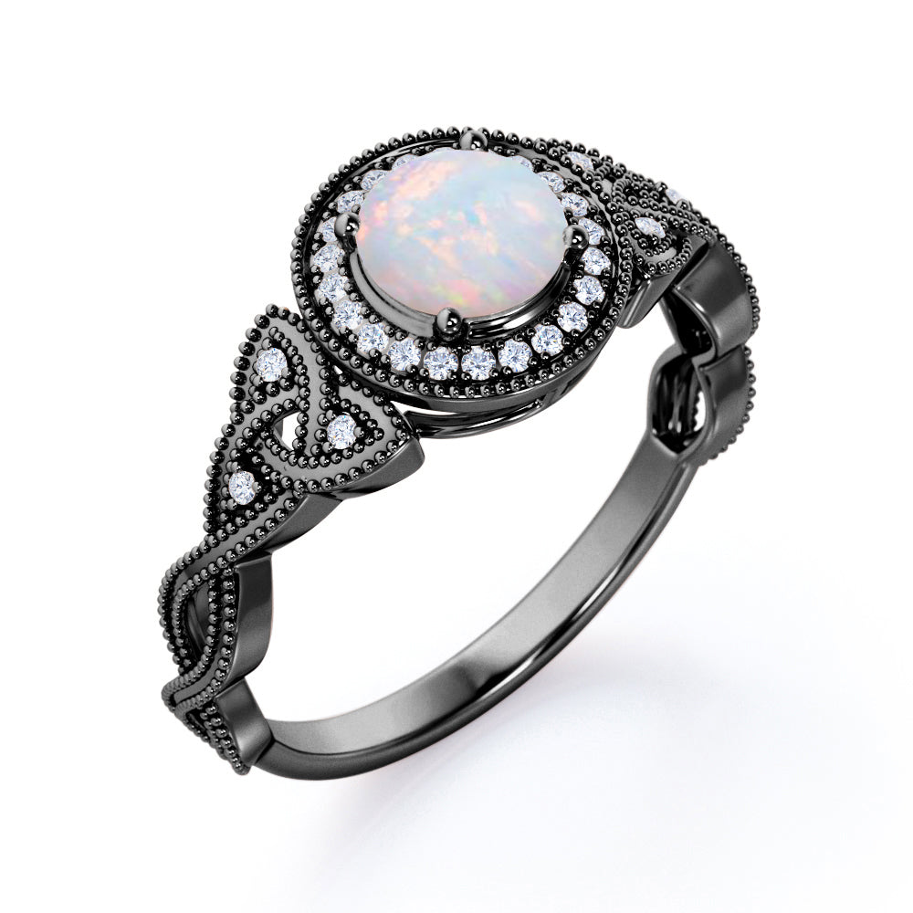 Grandiose 1.30 carat Round cut Ethiopian Opal and diamond twisted infinity halo engagement ring in White gold