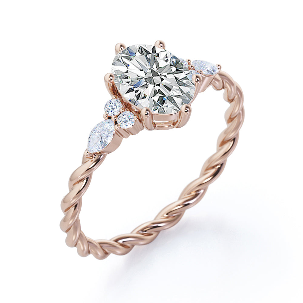 Twisted Rope style 1 carat Oval shaped Moissanite and diamonds 6 prong engagement ring White gold