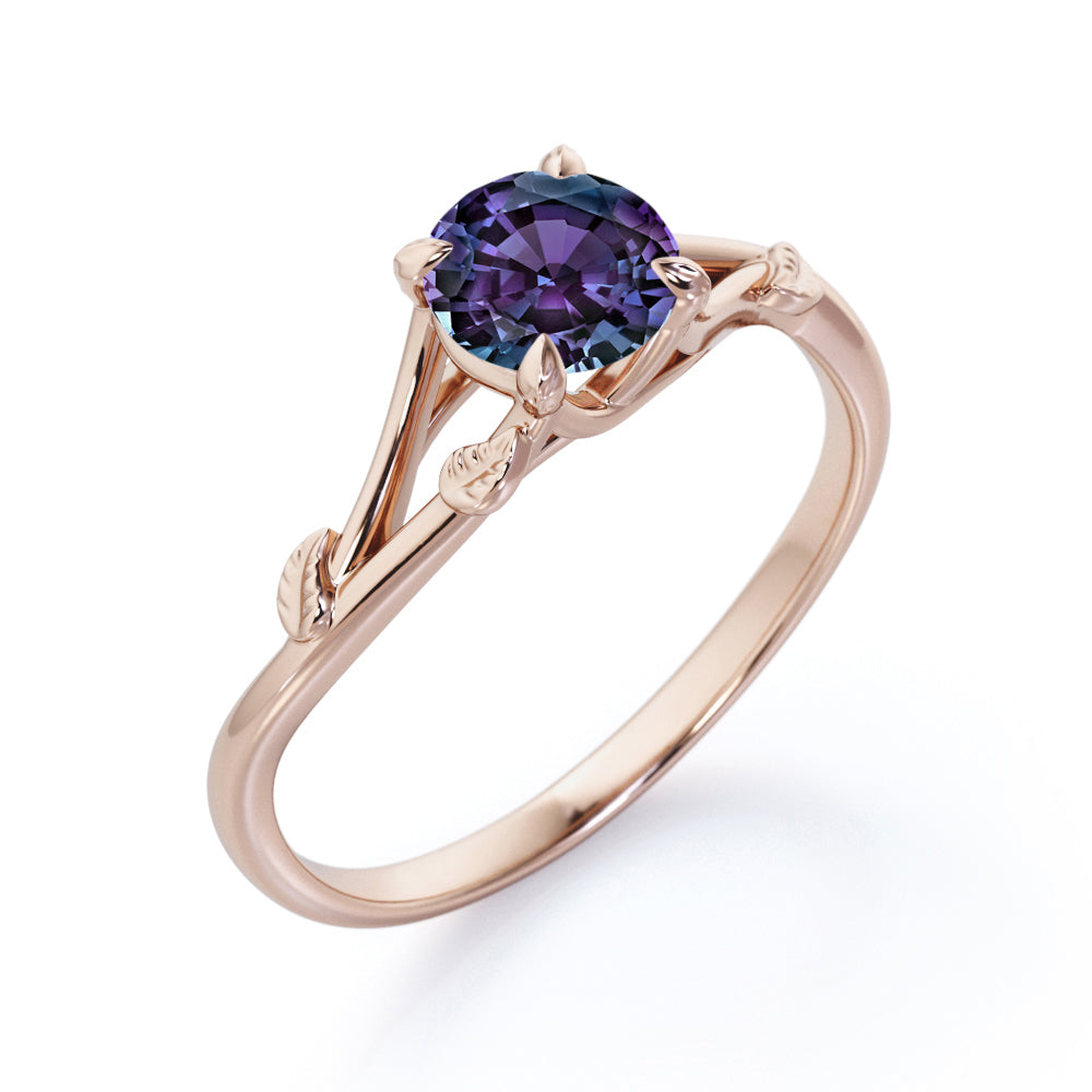Nature inspired 1 carat Round cut Lab created Alexandrite vine split shank engagement ring in Black gold