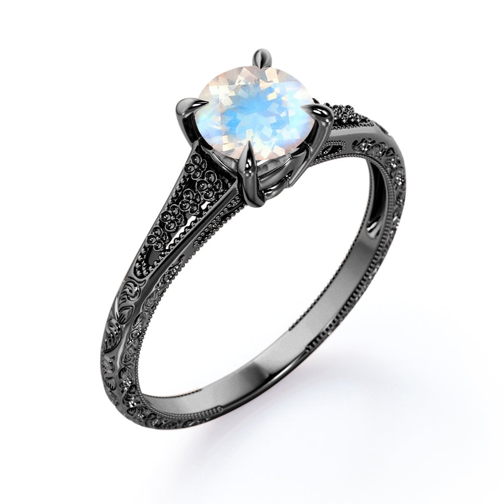 Solitaire 1 carat Round cut Moonstone claw prong setting-filigree split shank engagement ring in Rose gold
