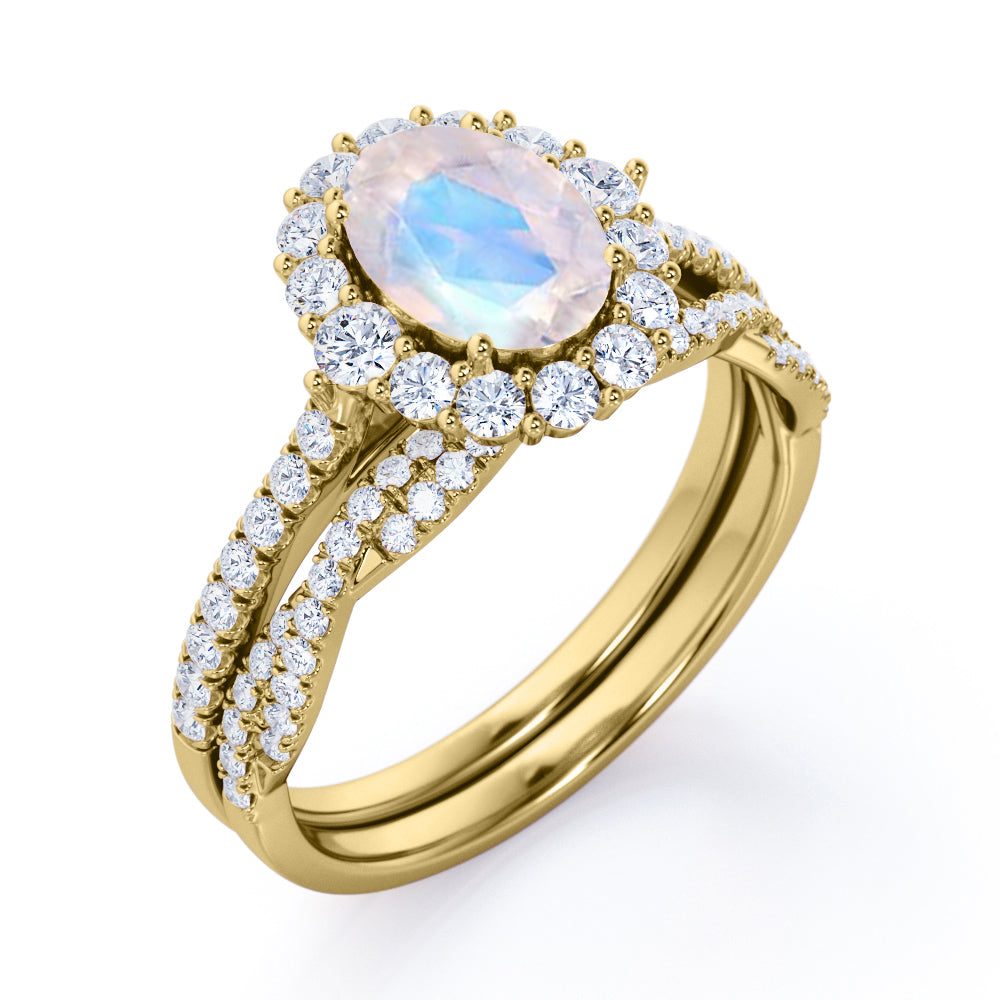 Cluster Halo 1.75 carat Oval cut Moonstone and Diamond Vintage Bridal set for women