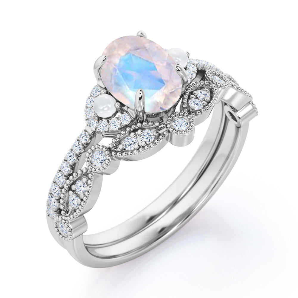 Chevron Milgrain 1.75 carat Oval cut Blue Moonstone, diamond and freshwater pearl wedding ring set for women in Rose gold