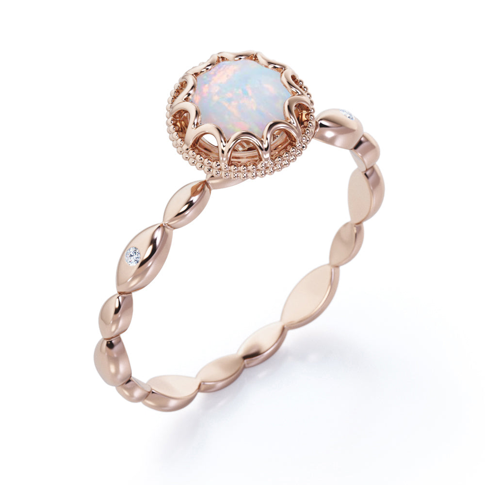 Scalloped halo 1 carat Round cut Ethiopian Opal milgrain edge engagement ring in Rose gold