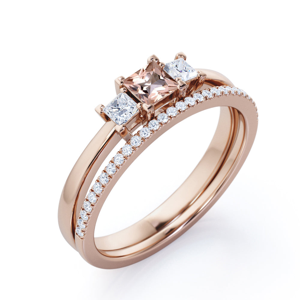 Triple stone 0.85 carat Princess cut Pink Morganite and diamond eternity wedding ring set for women in Yellow gold