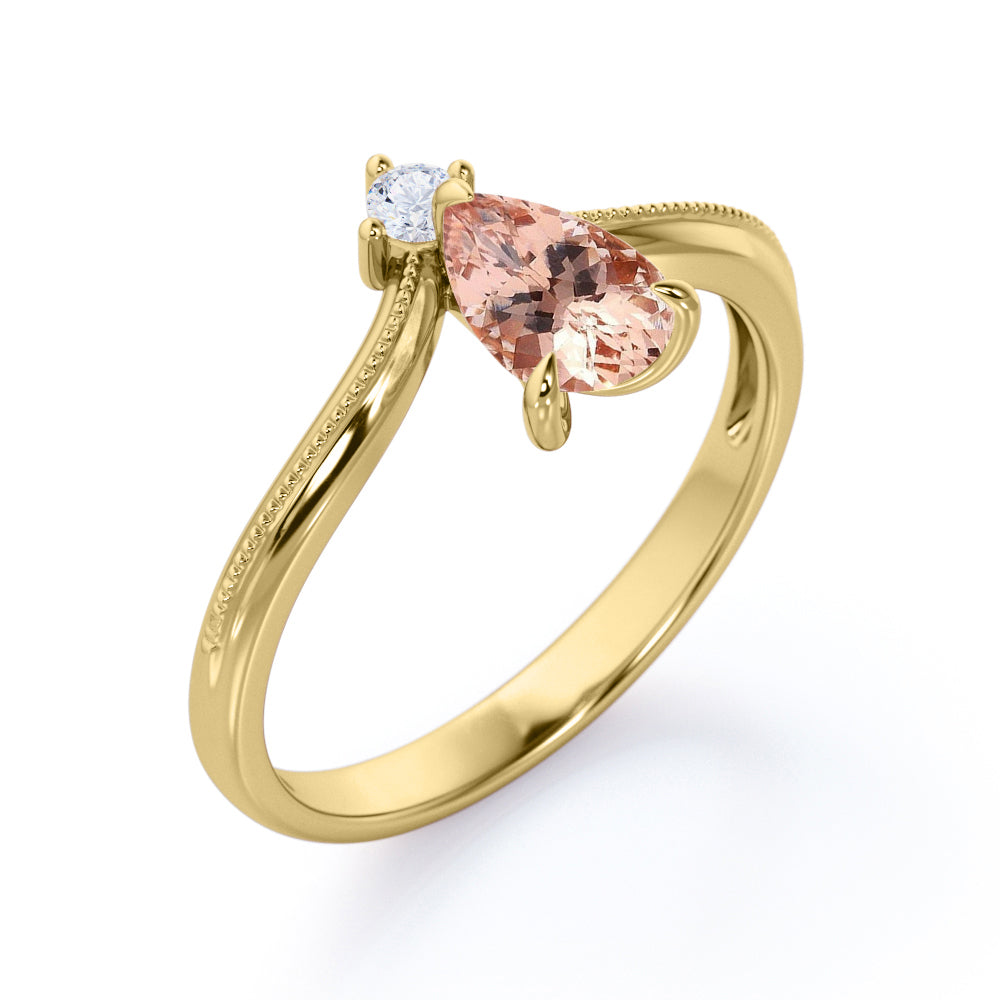 V-shape 1 carat Tear drop Morganite and diamond Milgrain engagement ring in White gold