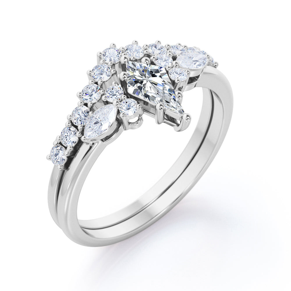 Prong style 1.40 carat Kite shaped Moissanite and diamond vintage inspired Bridal set in Rose gold