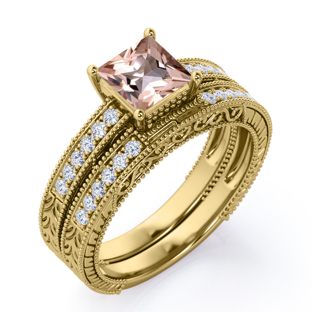 Milgrain Edge 1.25 carat Princess cut Morganite and diamond edwardian art deco engagement rings set-wedding ring set for her