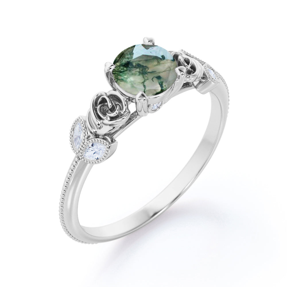 Rose ring-1.15 carat Round cut Moss Green Agate and diamond marquise milgrain engagement ring in Black gold